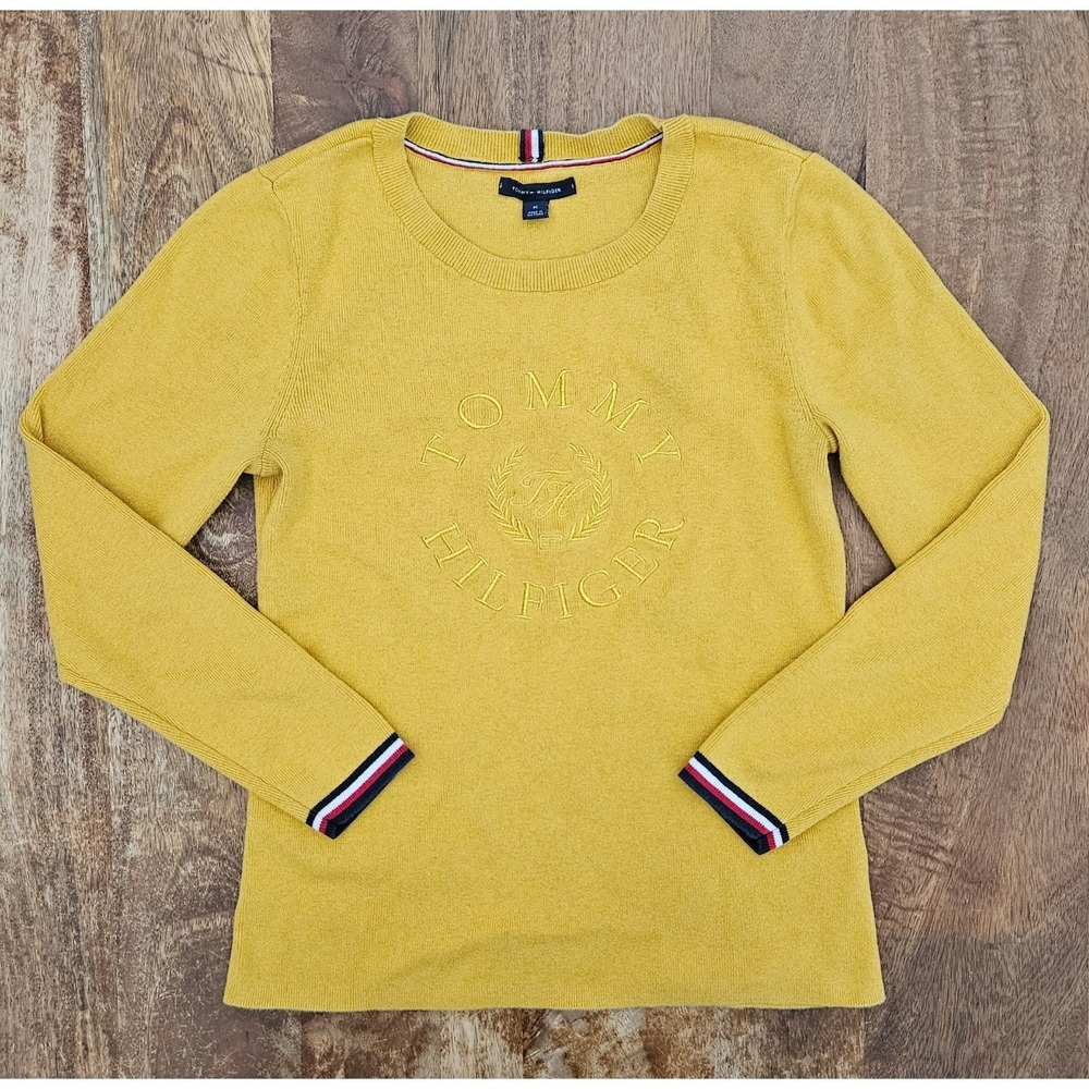 Tommy Hilfiger Sweater Womens M Yellow Preppy Collegiate Embroidered Logo Cotton